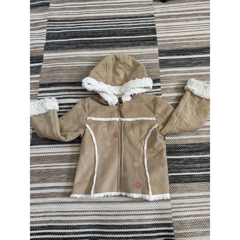 Rothschild Coat Girls 4 Beige Faux Suede Hooded Faux Fur Lined Floral Embroidery